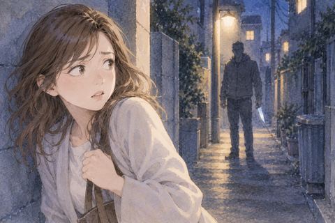 夜の路地で遠くの男性を警戒する女性