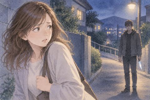 夜の道で知り合いと距離を取る女性