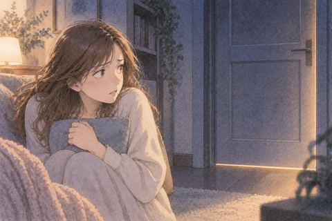 静かな部屋で閉じた扉を見つめる女性