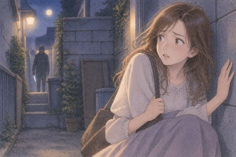 行き止まりの前で出口を探す女性