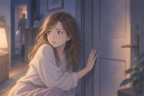 閉じた扉のそばで出口を探す女性