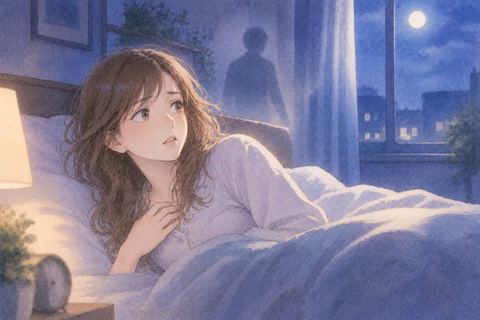 夜中に目覚めて夢の余韻を感じる女性