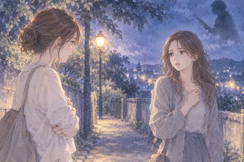 夜道で友達と距離を置いて向き合う女性