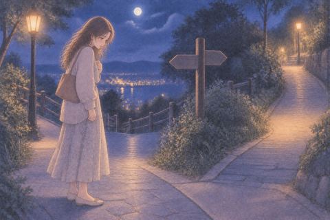 夜道で足元を見つめ立ち止まる女性