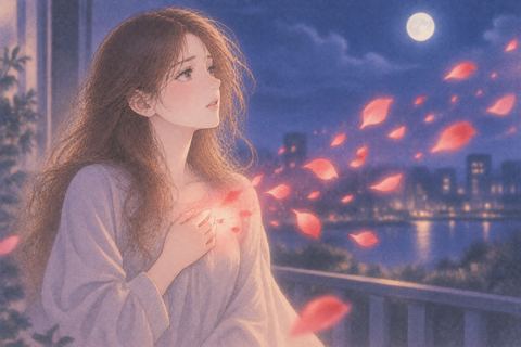赤い光が離れていくのを見つめる女性