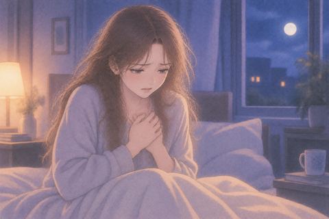 胸元を押さえて夢の痛みに耐える女性