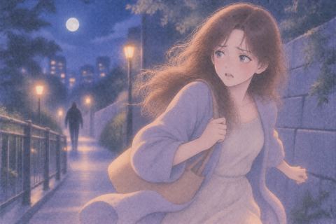 夜道を急いで逃げる女性と遠い人影