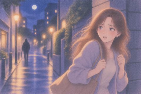 夜の街で突然の人影に身構える女性