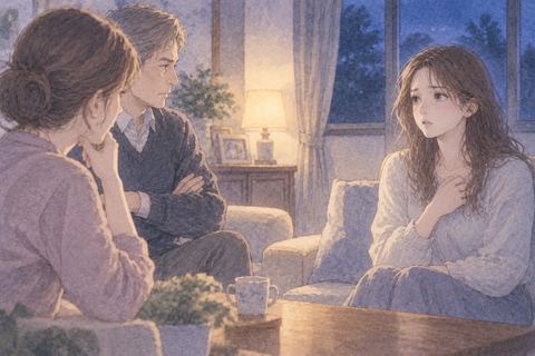 夜の部屋で家族と向き合う女性
