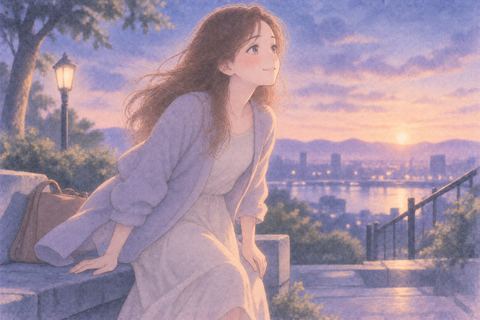 夜明けの光の中で立ち上がる女性