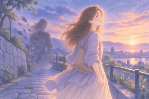 夜明けへ向かう女性と薄れる古い影