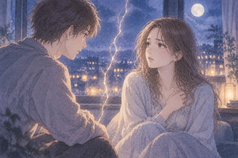 夜の窓辺で恋人と向き合う女性