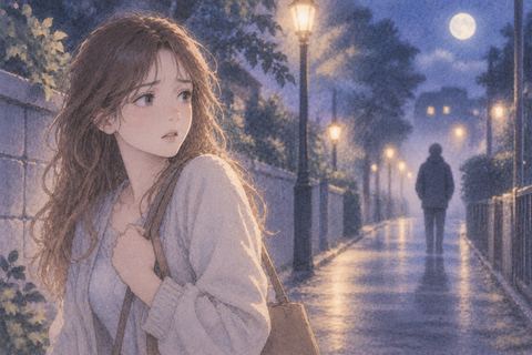 夜道で遠くの見知らぬ人を警戒する女性