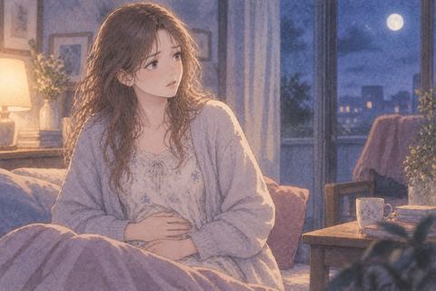お腹に手を添えて戸惑う女性