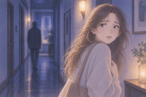 背後を振り返り警戒する女性