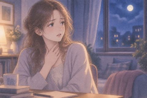喉元に手を添えて言葉をためらう女性