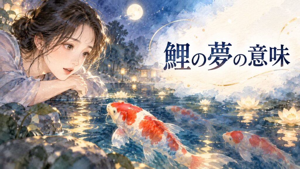 夜の水辺で錦鯉を見つめる大人の女性