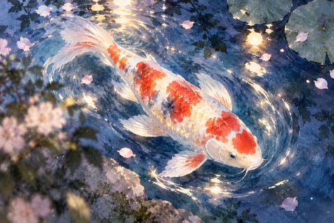 水面近くを優雅に泳ぐ美しい錦鯉