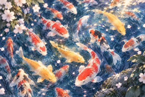 水の中を群れで泳ぐたくさんの鯉