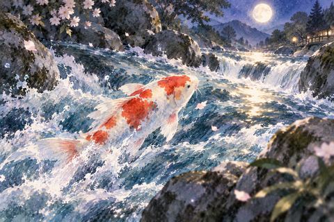流れる川を力強く泳ぐ鯉