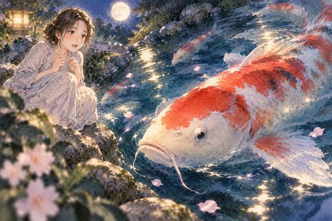 大きな鯉を前に戸惑う女性
