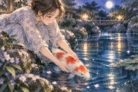 弱った鯉を水へ戻そうとする女性