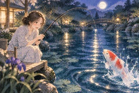 水辺で鯉を釣ろうとする女性
