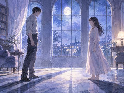 夜の空間で互いに向き合う二人の人物