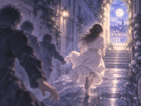 争いの気配から明るい出口へ走る人物