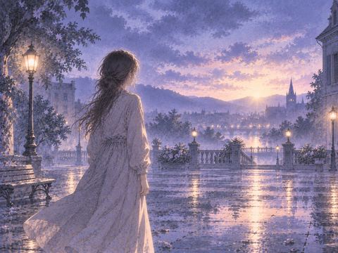静まった夜明け前の場所に立つ一人の人物