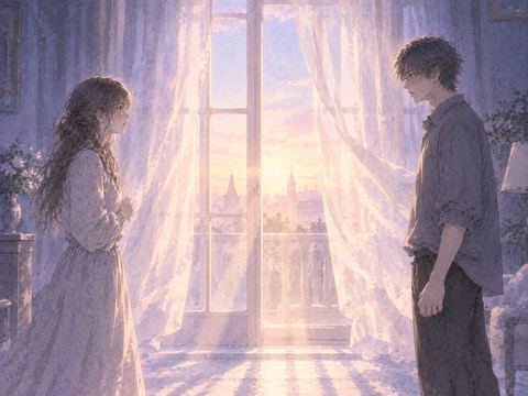 向き合う二人の間に朝の光が差す場面
