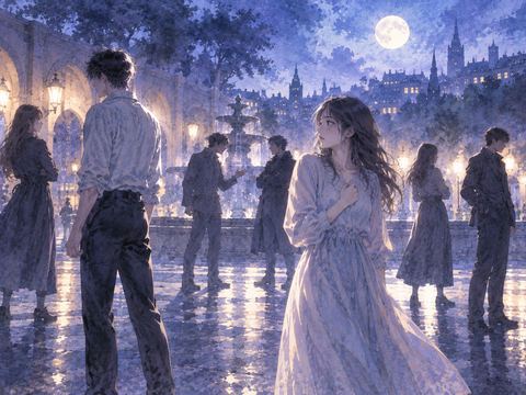 夜の広場で複数の人影が対立する夢の場面