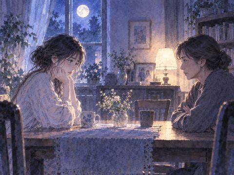 夜の居間で距離を置いて向き合う家族