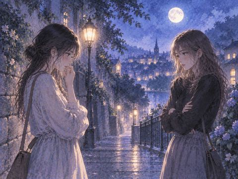 夜道で距離を置いて向き合う二人の友達