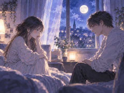 月明かりの部屋で向き合う恋人同士