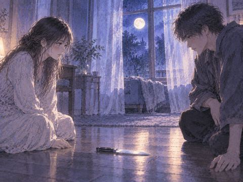 床に置かれたナイフを挟んで向き合う二人