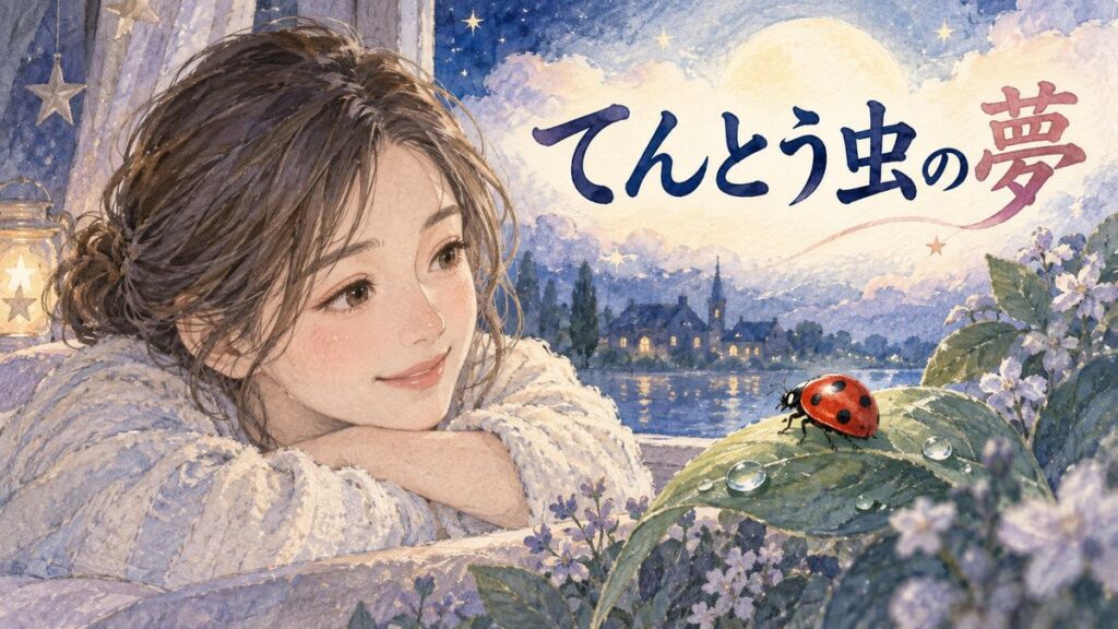 夜の窓辺でてんとう虫を見つめる大人の女性