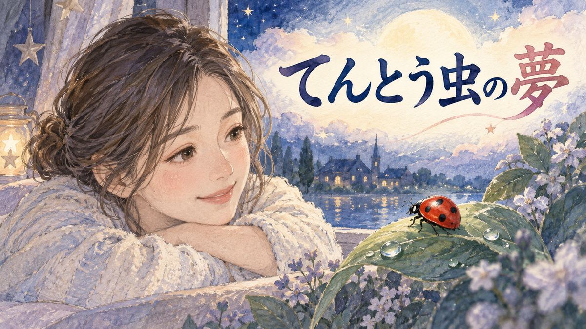 夜の窓辺でてんとう虫を見つめる大人の女性