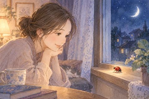 夜の部屋の窓辺にいるてんとう虫を見る女性