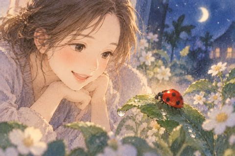 鮮やかな赤いてんとう虫を嬉しそうに見る女性