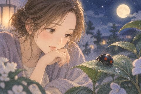 黒いてんとう虫を静かに見つめる女性
