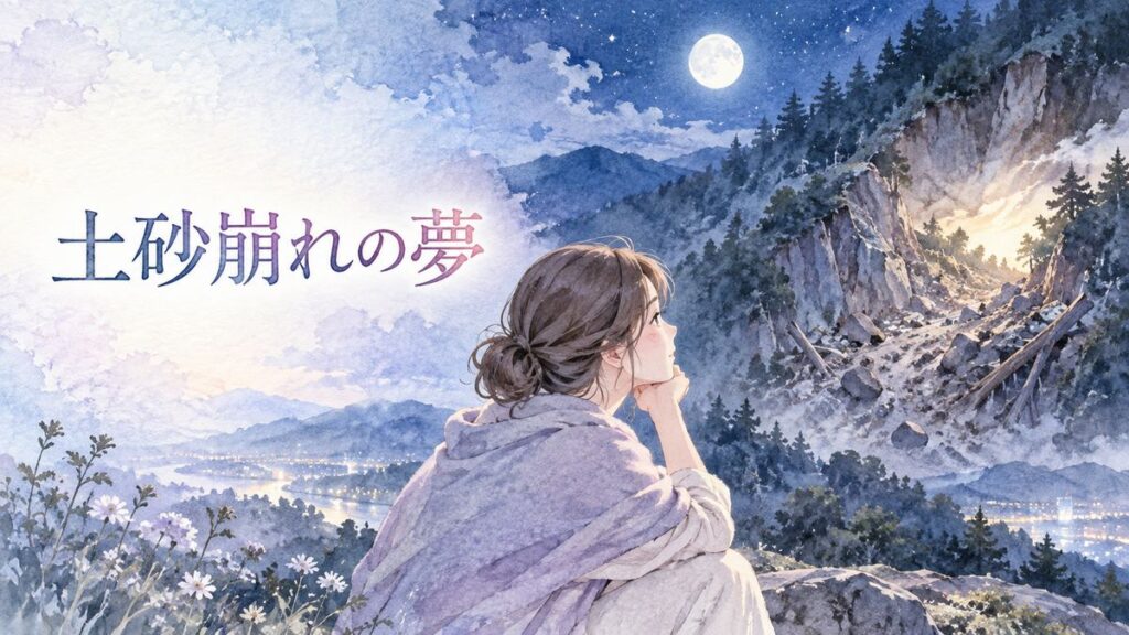 月明かりの中で崩れた山肌を見つめる大人の女性