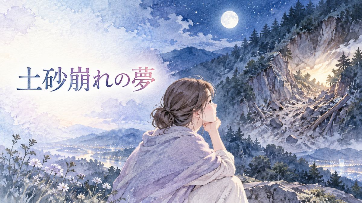 月明かりの中で崩れた山肌を見つめる大人の女性