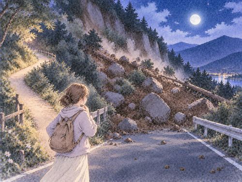 土砂で塞がれた道路と脇へ続く別の道