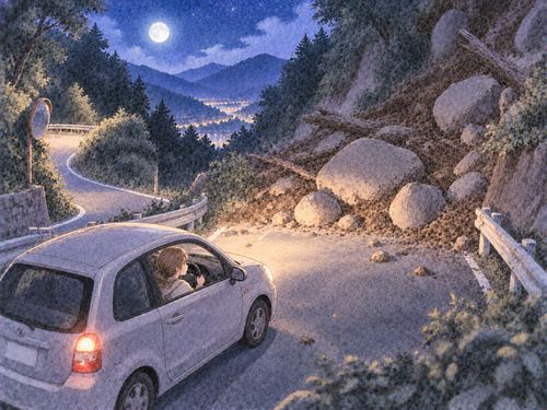土砂崩れの手前で停車した車と運転する人物
