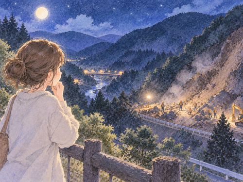 遠くの土砂崩れと巻き込まれた人を見守る人物