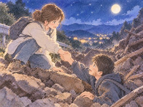 土砂崩れのそばで人の手を取って助ける人物