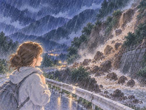 降り続く雨でゆっくり崩れ始めた山の斜面