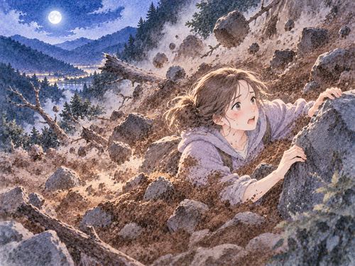 押し寄せる土砂に囲まれながら踏ん張る人物