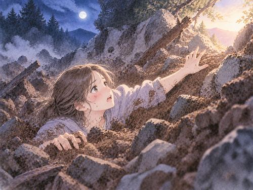 土砂に埋まりながら外へ手を伸ばす人物